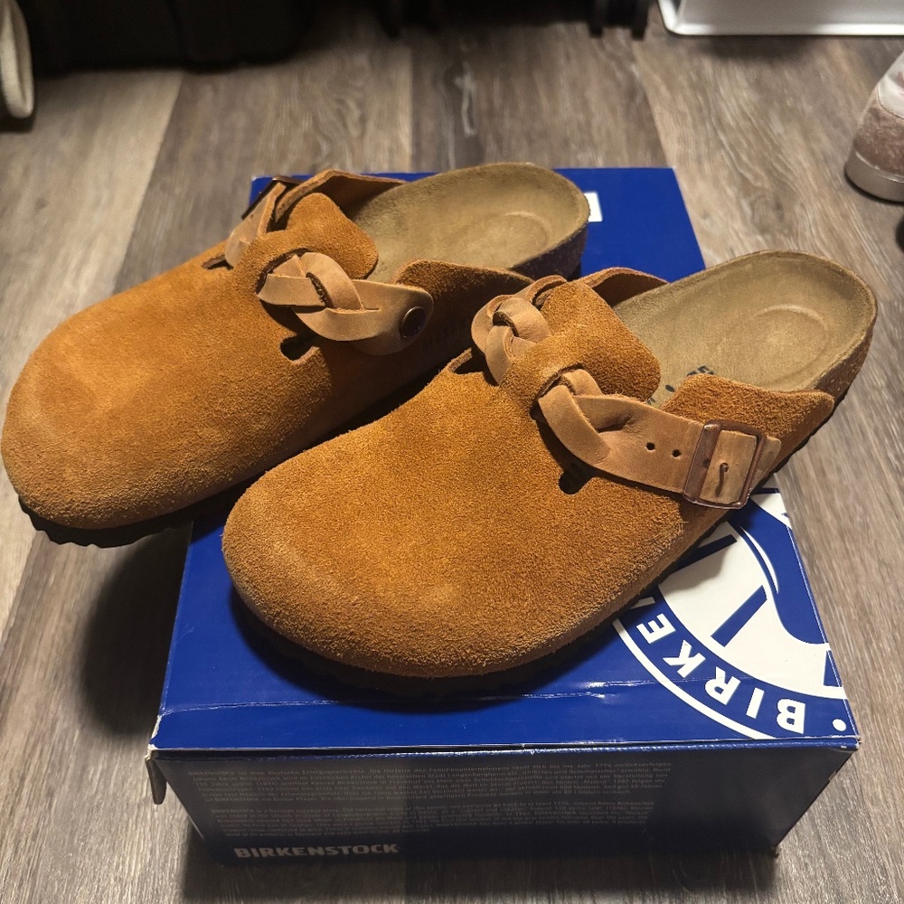New Size 39 Narrow Birkenstock Boston Braided Soft Suede Clog Mink Brown